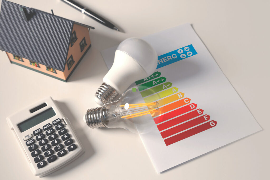 “Materiales para evaluar la eficiencia energética de una vivienda: maqueta de casa, bombillas, calculadora y etiqueta energética
